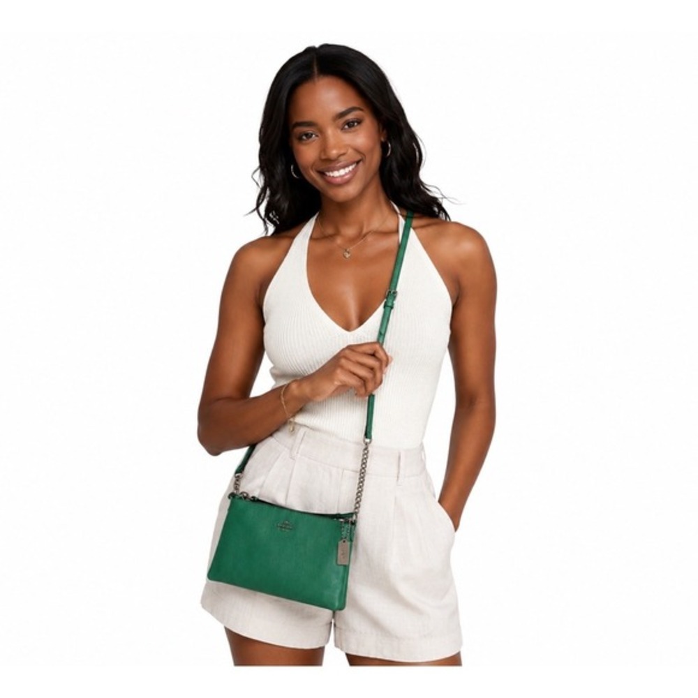 Coach Emerald Green Crossgrain Leather Crossbody Bag Chain Strap Messenger 40-14 - Picture 4 of 9